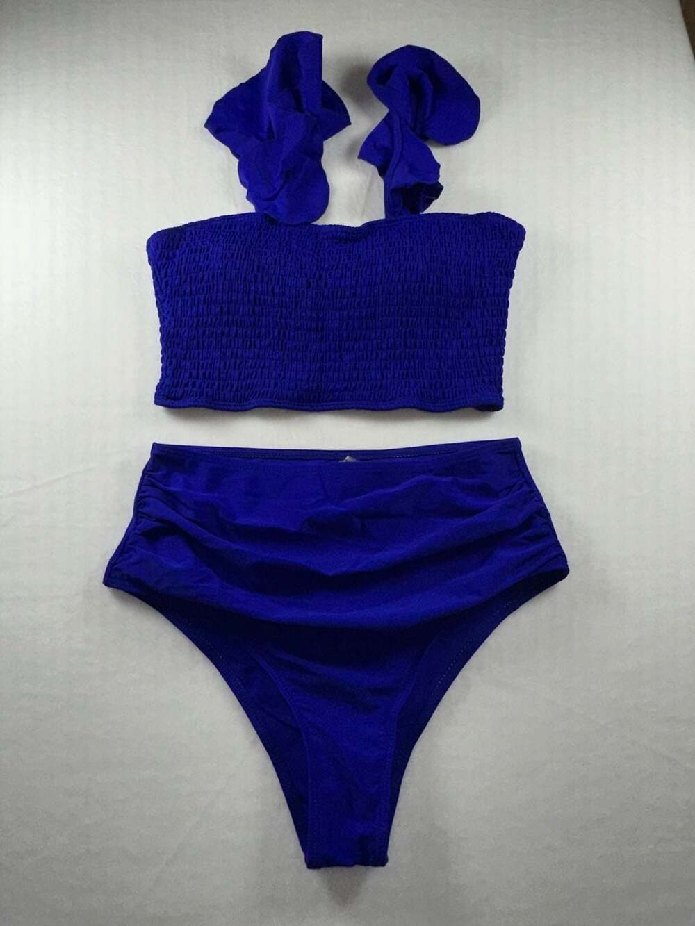 Royal Blue Smocked Bandeau Ruffle Strap High-Waisted Bikini Set